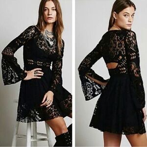FREE PEOPLE LOVERS FOLK SONG SPANISH LACE MINI DRESS BLACK SIZE 2 MINT CONDITION
